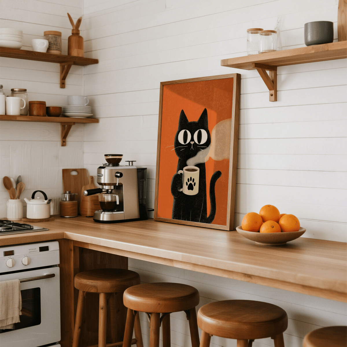 Cat Coffee Mug Print leaning on a kitchen counter with a bowl of oranges and coffee maker