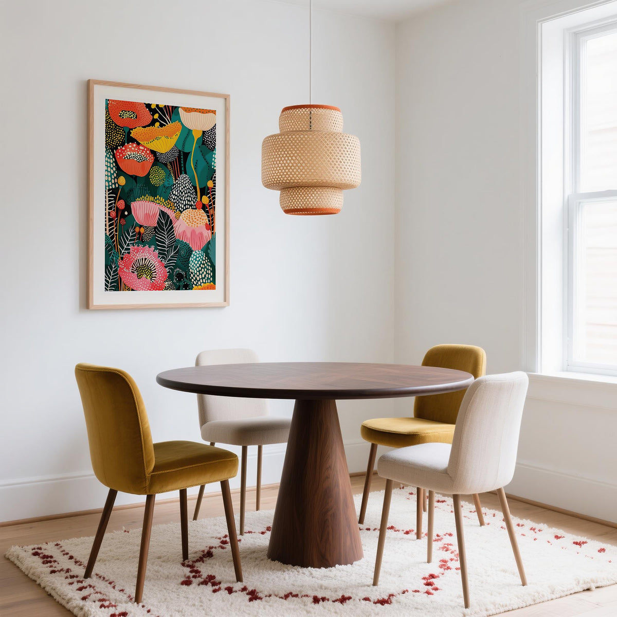 Flower wall art decor with colourful abstract flower bouquet in a dining room with mustard and cream chairs