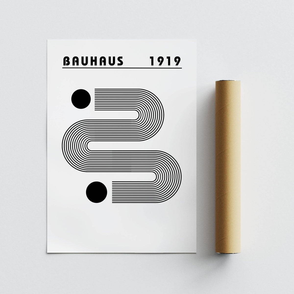 Black and White Minimalist Art with curved linear design and two black dots beside a packaging tube