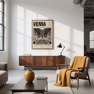 Print on a wall of Vienna Architecture Art Print showing marble staircase in black and white above a mid century cabinet