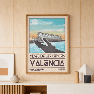 Framed Valencia Art Print illustrating the Museu de les Ciències building with retro colours on a wooden panel wall