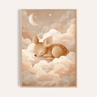 Sleeping Deer wall art of a sleeping fawn with a crescent moon and stars in soft beige and white tones