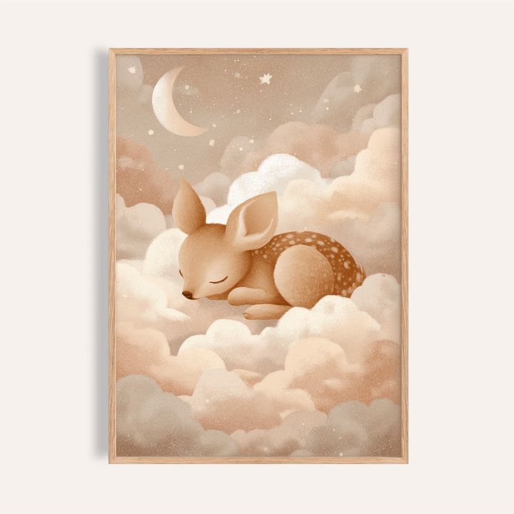 Sleeping Deer wall art of a sleeping fawn with a crescent moon and stars in soft beige and white tones