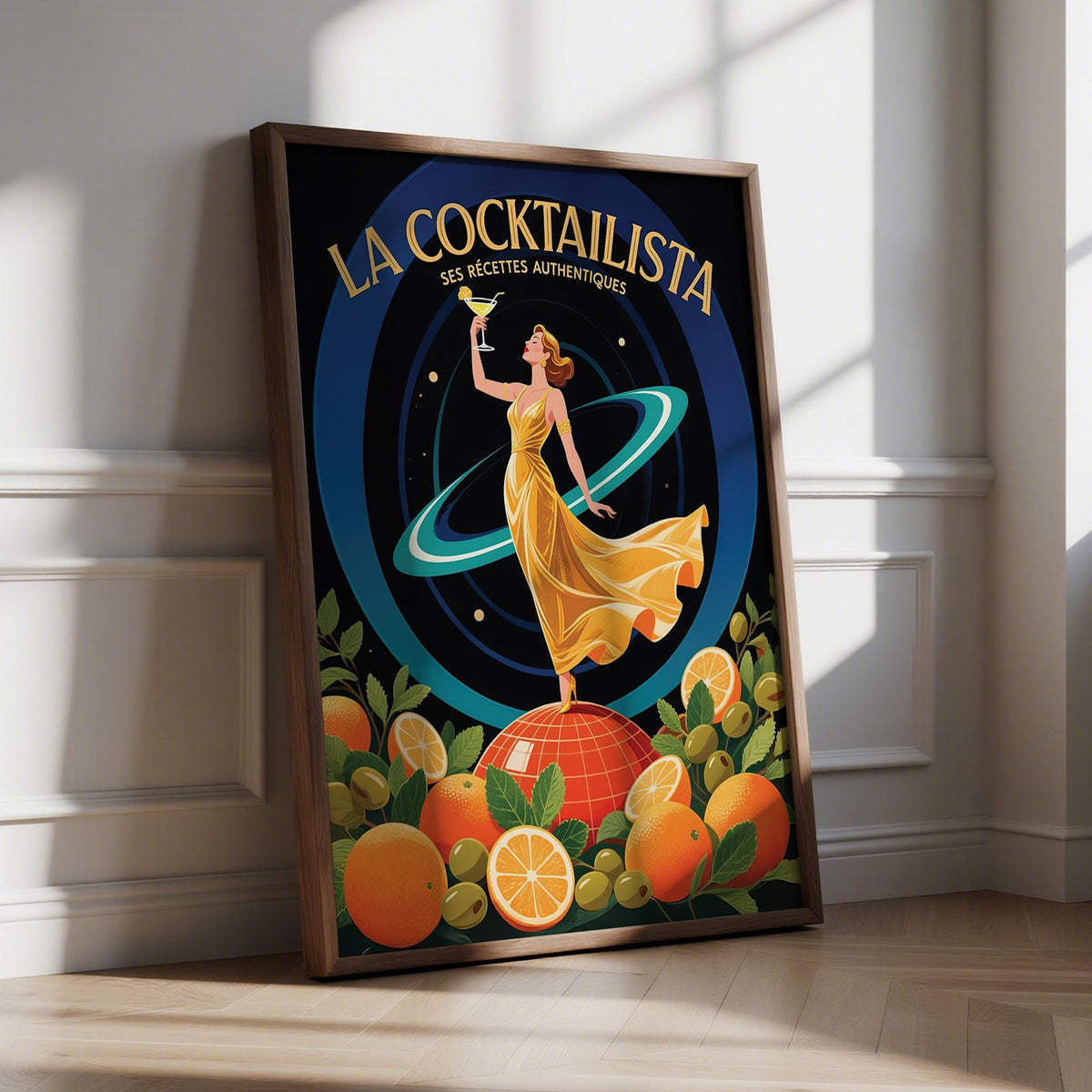Framed print of a retro illustration of woman in golden dress with cocktail leaning on a floor