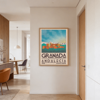 Spanish City Poster of the Alhambra fortress in vintage style with turquoise and orange tones in a hallway