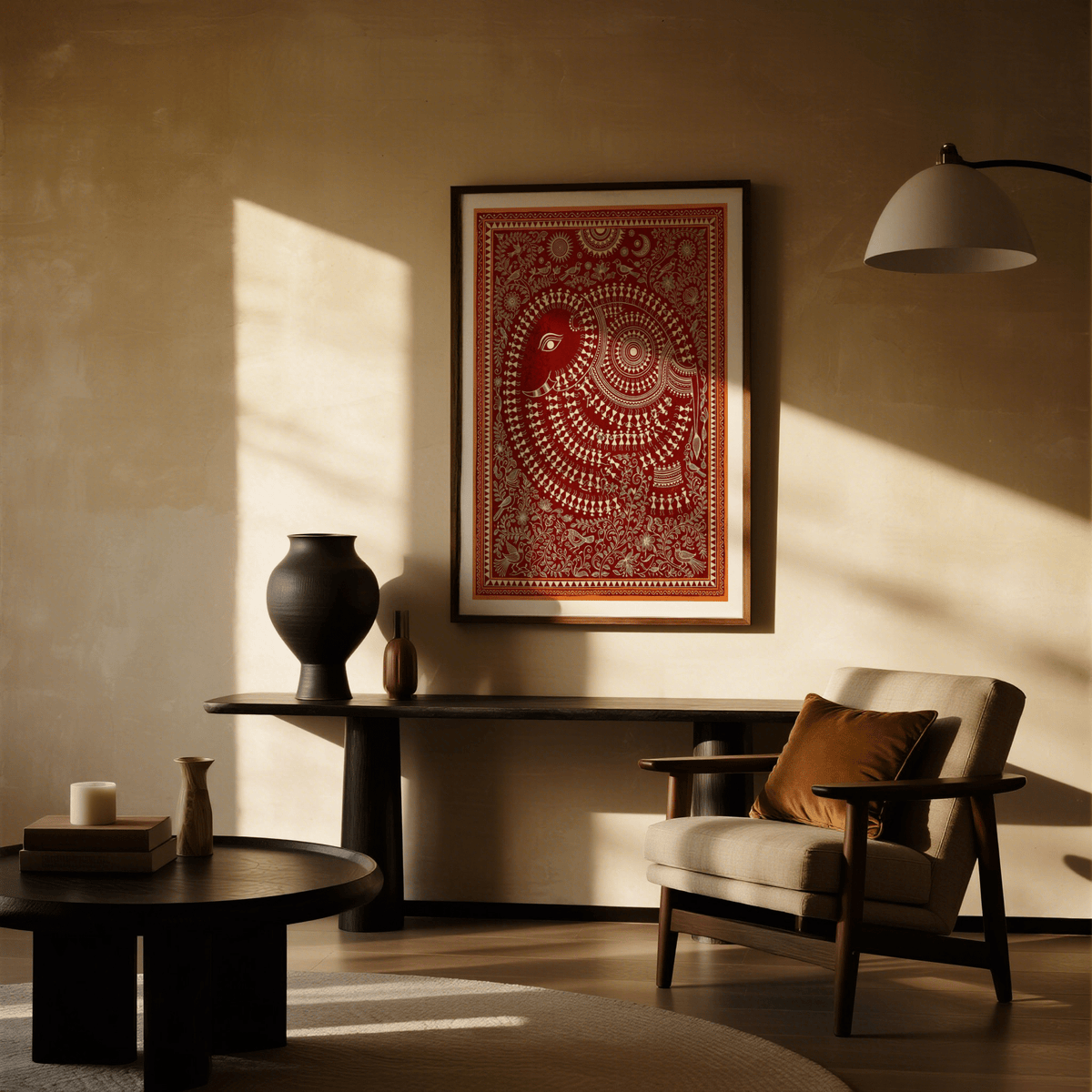 Indian Folk Art Poster print of a decorative elephant in red and white above a console table with vases