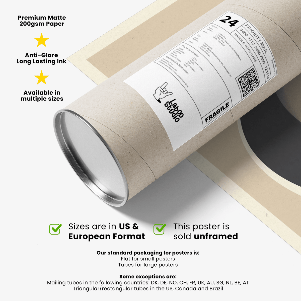Packaging tube with label on a rolled poster showing part of the vintage motorsport poster