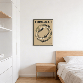 Italian Race Circuit Poster print on a wall in a bedroom above a wooden bedside table