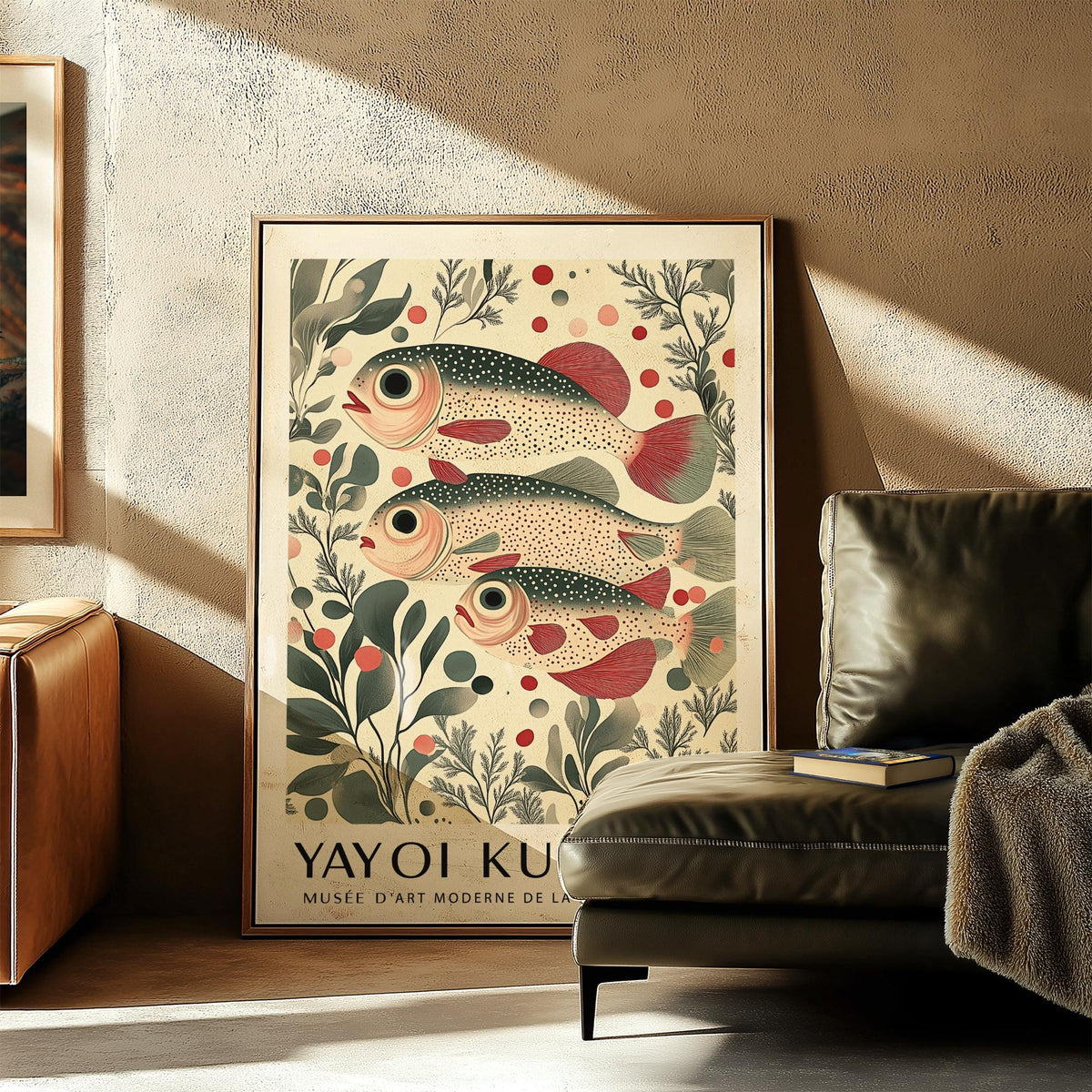 Print of fish trio illustration with red and green tones leaning near a leather sofa