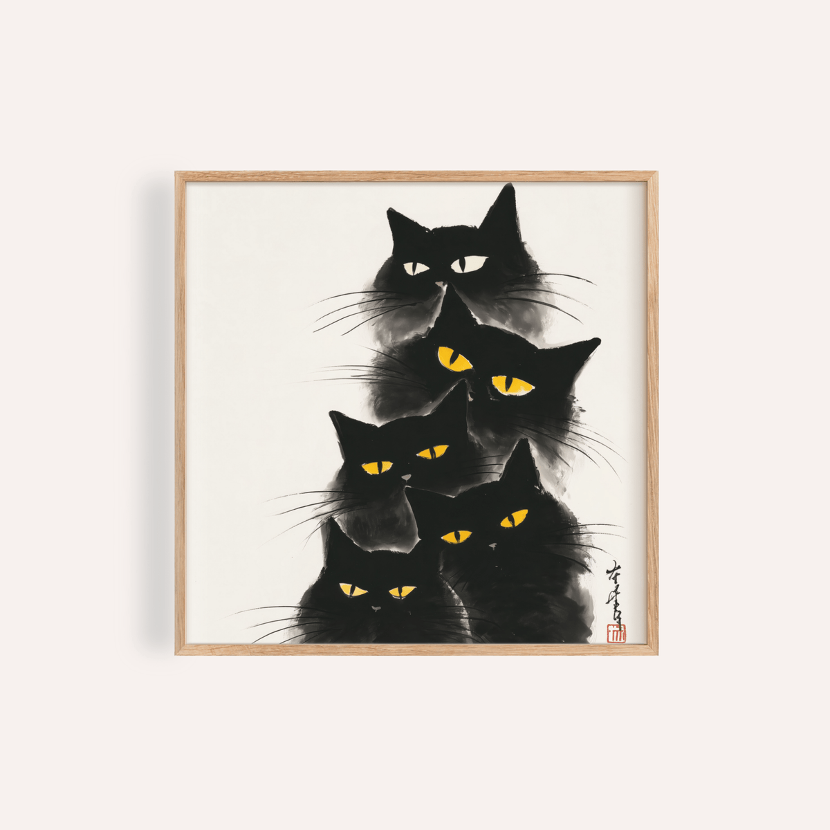 Framed Black Cat Poster close-up with black cats and yellow eyes in japanese ink style