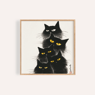 Framed Black Cat Poster close-up with black cats and yellow eyes in japanese ink style