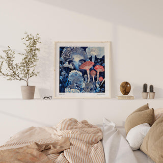 Japanese Poster framed print of blue and red toadstools on a white shelf with decorative objects