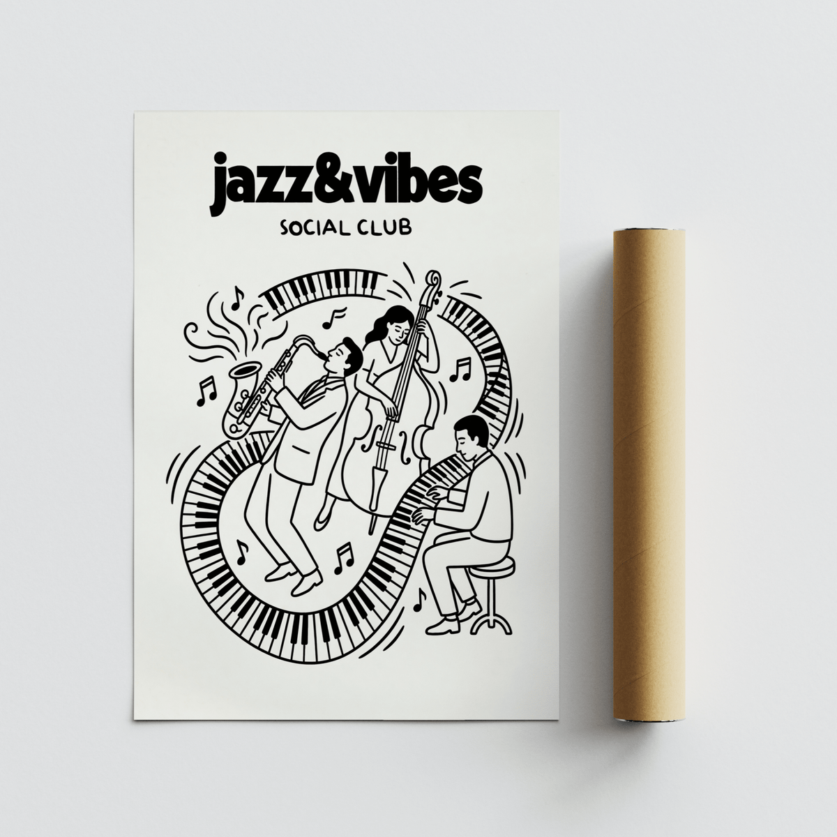 Jazz music wall art with black and white line-art of jazz musicians and piano keys beside packaging tube