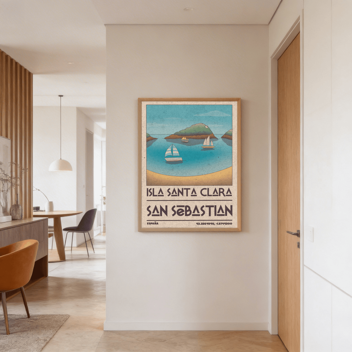 Island Vacation Poster print featuring sailboats and green islands on a blue sea hung above a chair