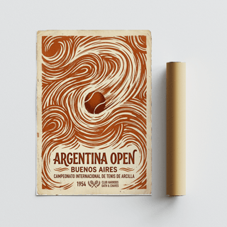 Argentina Open Poster flat artwork with brown swirling lines and a tennis ball next to a packaging tube