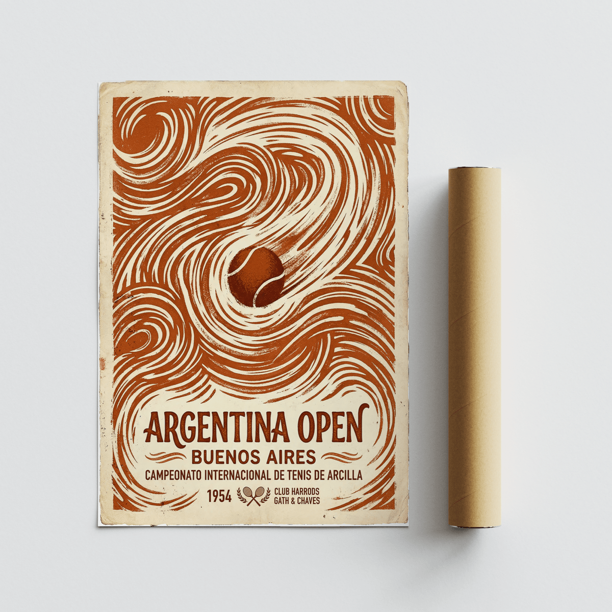 Argentina Open Poster flat artwork with brown swirling lines and a tennis ball next to a packaging tube