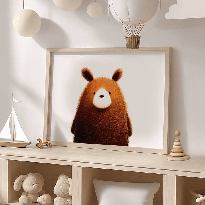 Cute Bear Print leaning on a shelf with a wooden toy boat in a softly lit neutral kids room