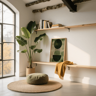 Green Wabi Sabi Print print leaning on a wooden bench with a yellow throw and a large leafy plant nearby