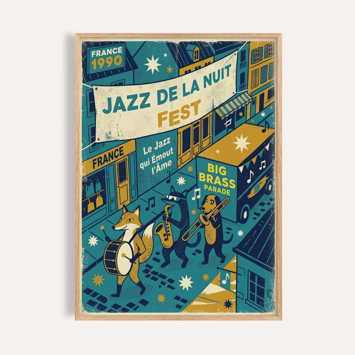 Paris Jazz Poster framed print close-up showing fox playing drum and other animals in vintage style
