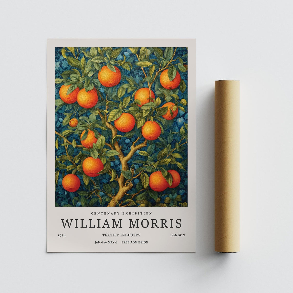 Orange Tree wall art with bright oranges and green leaves rolled paper next to it