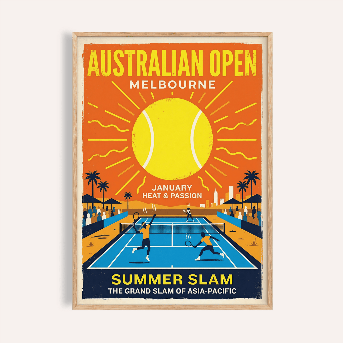 Framed print of Summer Slam tennis players on a blue court with a large yellow tennis ball