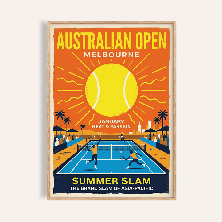 Framed print of Summer Slam tennis players on a blue court with a large yellow tennis ball