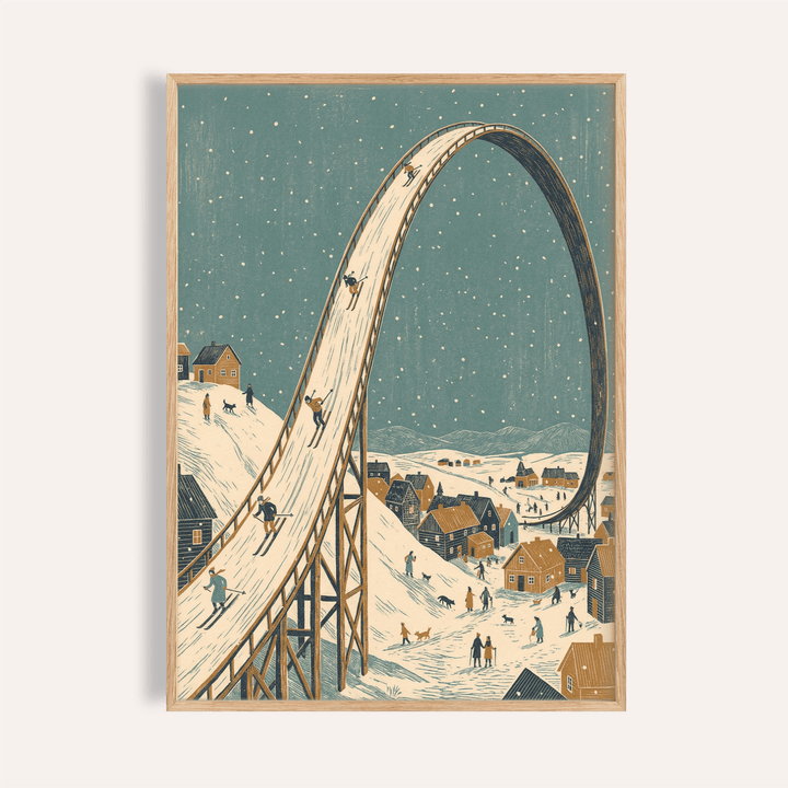 Framed Winter Skiing Art Print of a vintage ski slope loop with skiers and snowy village