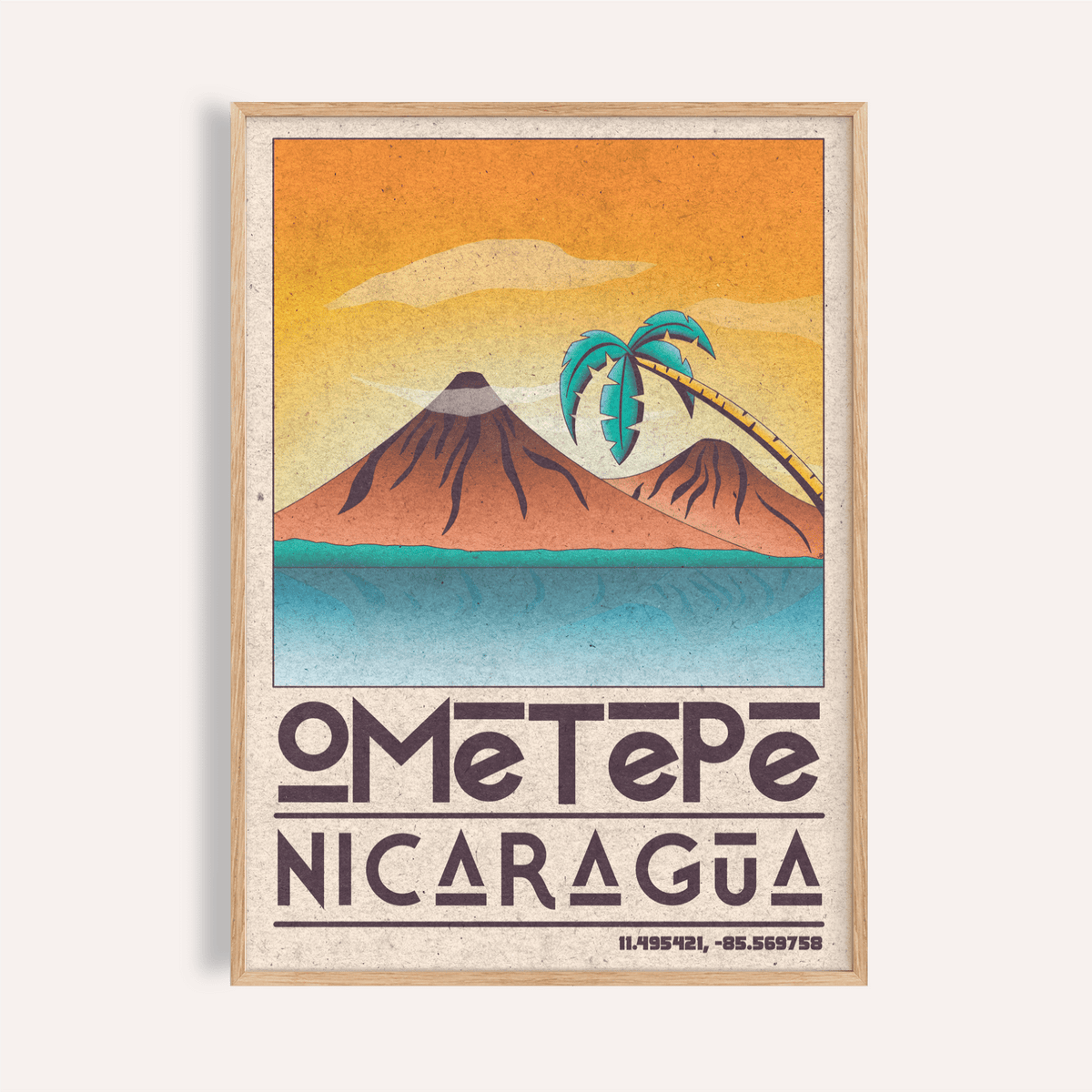 Ometepe Nicaragua poster framed close-up of volcanoes and palm tree with retro illustration style