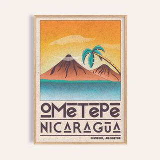 Ometepe Nicaragua poster framed close-up of volcanoes and palm tree with retro illustration style