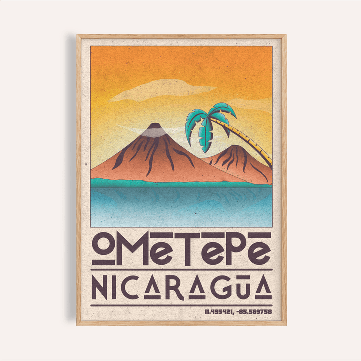 Ometepe Nicaragua poster framed close-up of volcanoes and palm tree with retro illustration style