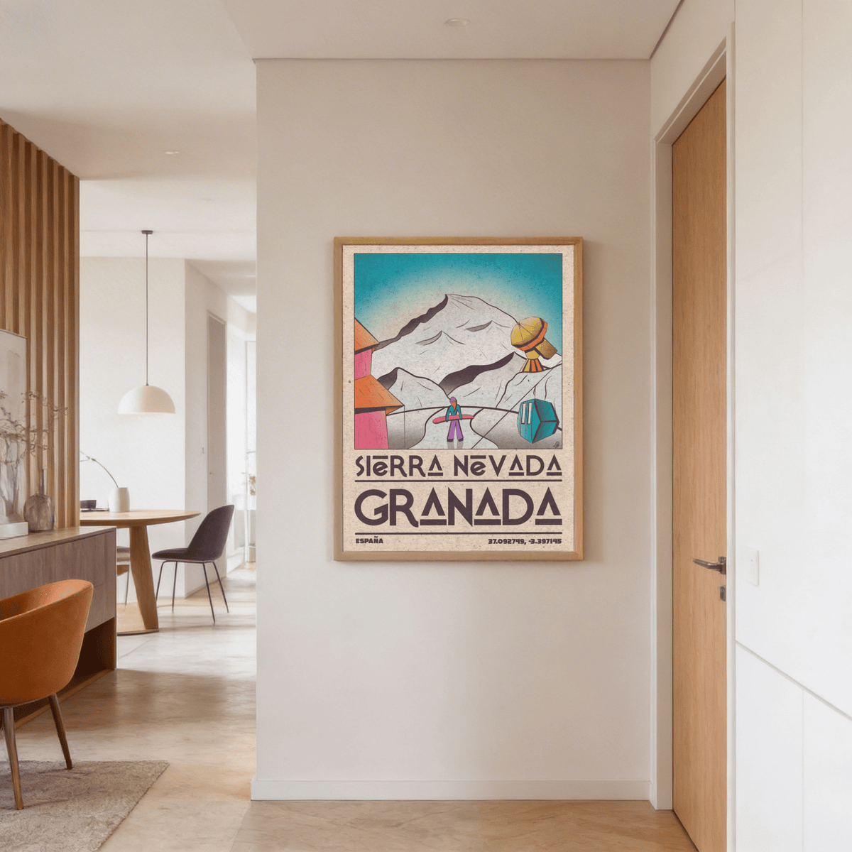 Sierra Nevada Art Print of a snowboarder by a mountain in retro style hanging on a hallway wall