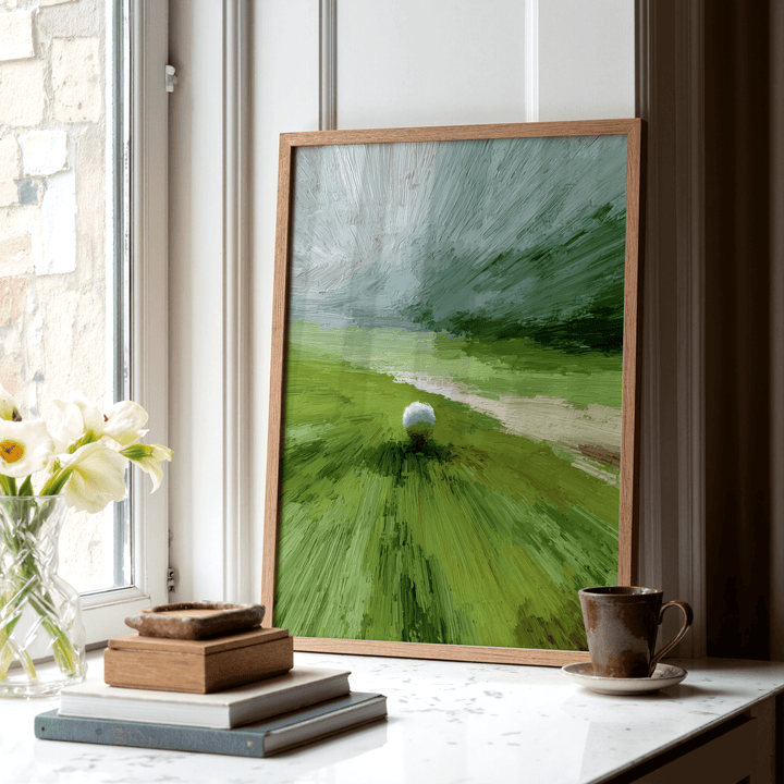 Abstract green wall art leaning on a window sill beside a cup and stacked books