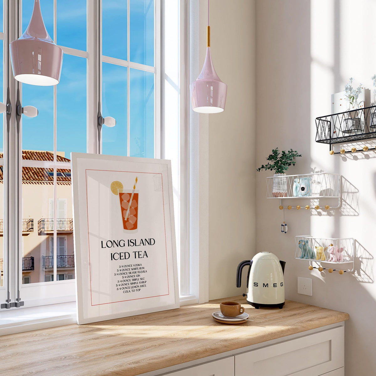 Bar sign decor print leaning on a wooden countertop with a kettle and cup nearby in a bright kitchen