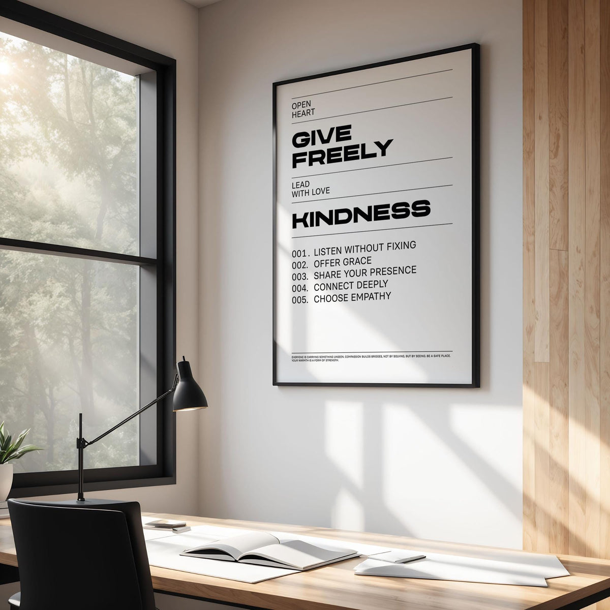 Art with Quotes print with black and white typography above a wooden desk and black lamp