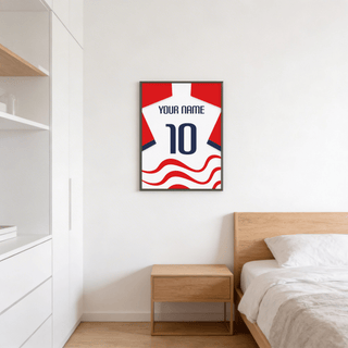 Football Shirt Poster in White with Red Wave Pattern on a bedroom wall above a wooden bedside table