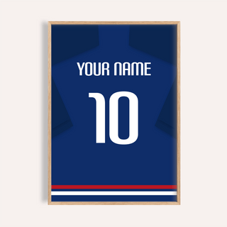 Football Shirt Poster in Plain Blue with White Number close-up showing the number 10 and text Your Name in white