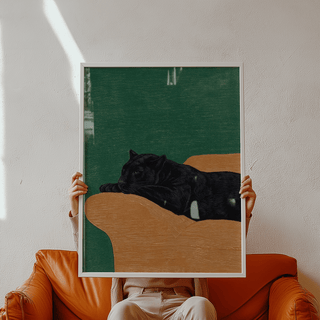 Big Cat Art Print framed close-up of relaxed black panther illustration with green and brown colours
