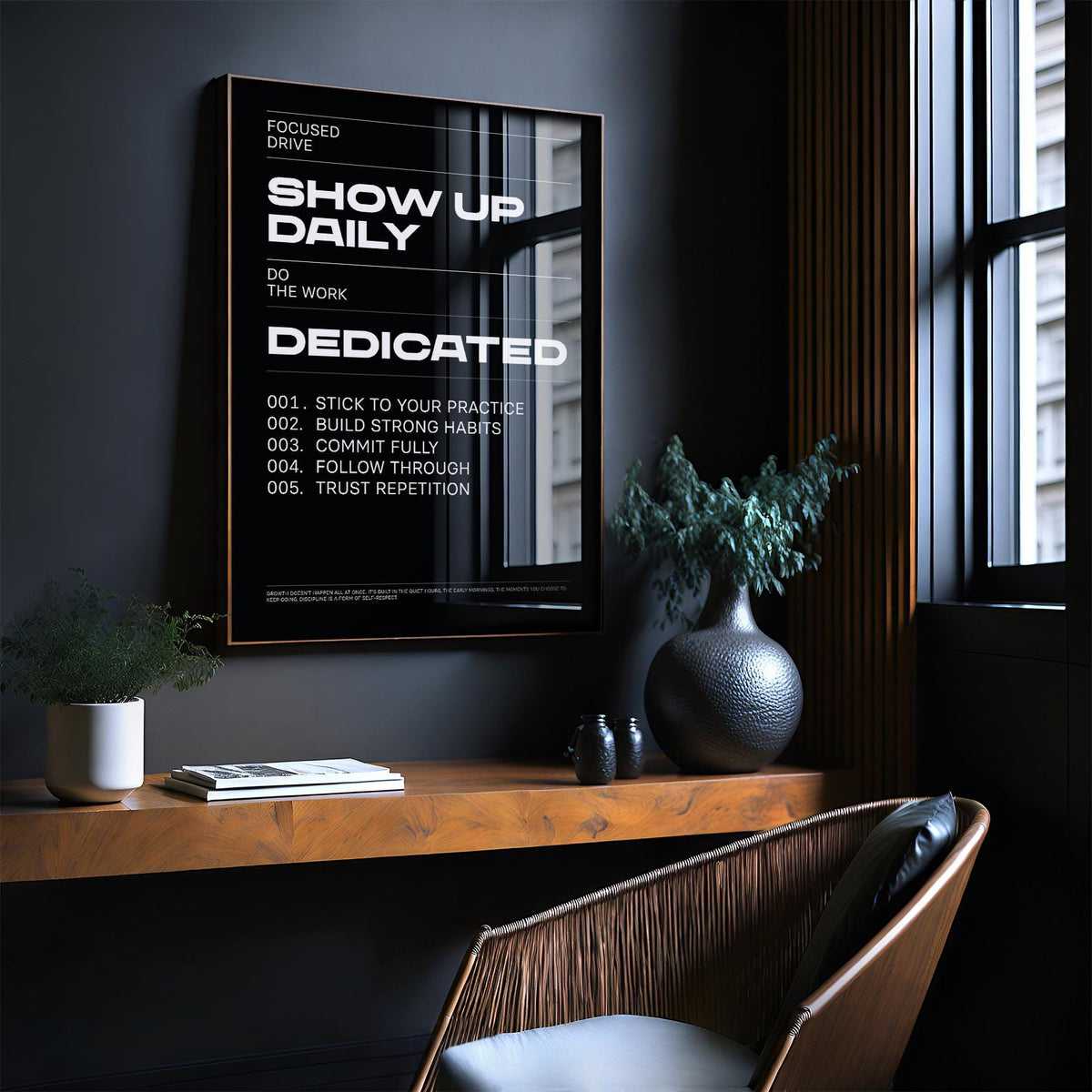 Wall Art Work framed print with motivational white text on black above a wooden shelf with plants and books