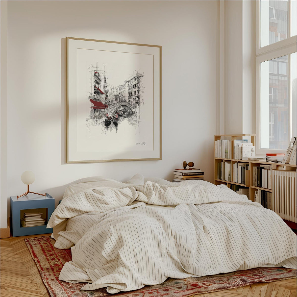 Wall Art of Venice Italy line art of gondolas on a canal with red accents in a bright bedroom