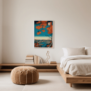 Japanese Landscape Art Print on wall in bedroom with wooden furniture and beige pouf