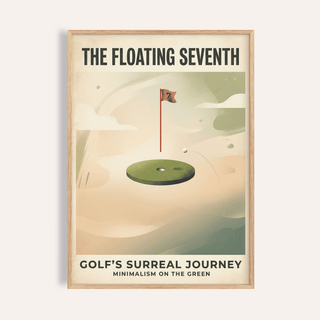Framed print of a surreal golf green floating with a red flag and golf ball in minimal colours