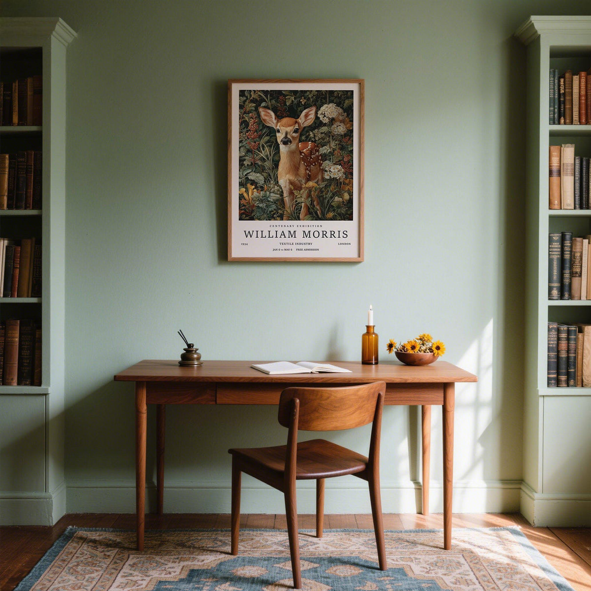 Forest Art Print of a woodland fawn in detailed illustration above a wooden desk in green study