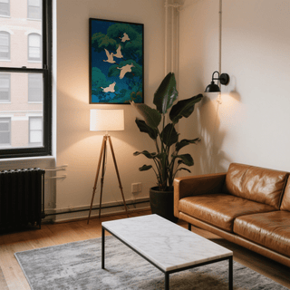 Bird Art Print of flying white cranes in japanese-ink style above a lit tripod lamp in a living room