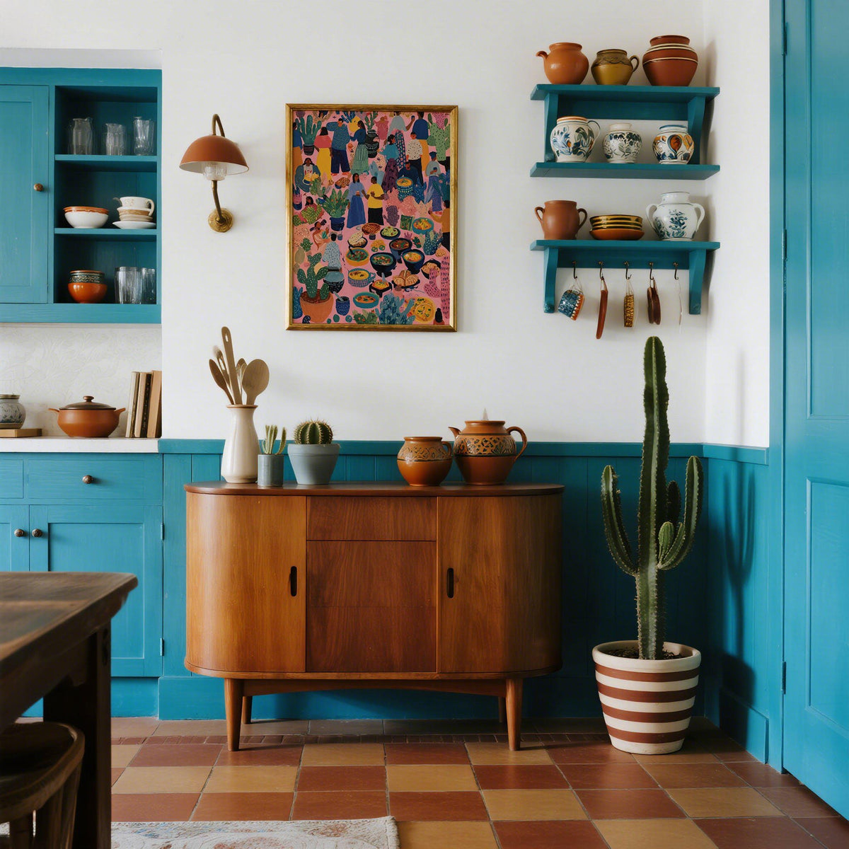Artwork from Mexico print of a colourful market day scene above a wooden sideboard with pottery in a kitchen