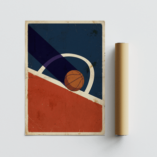 Vintage Basketball Poster showing a basketball and hoop in abstract vintage colours next to its packaging tube