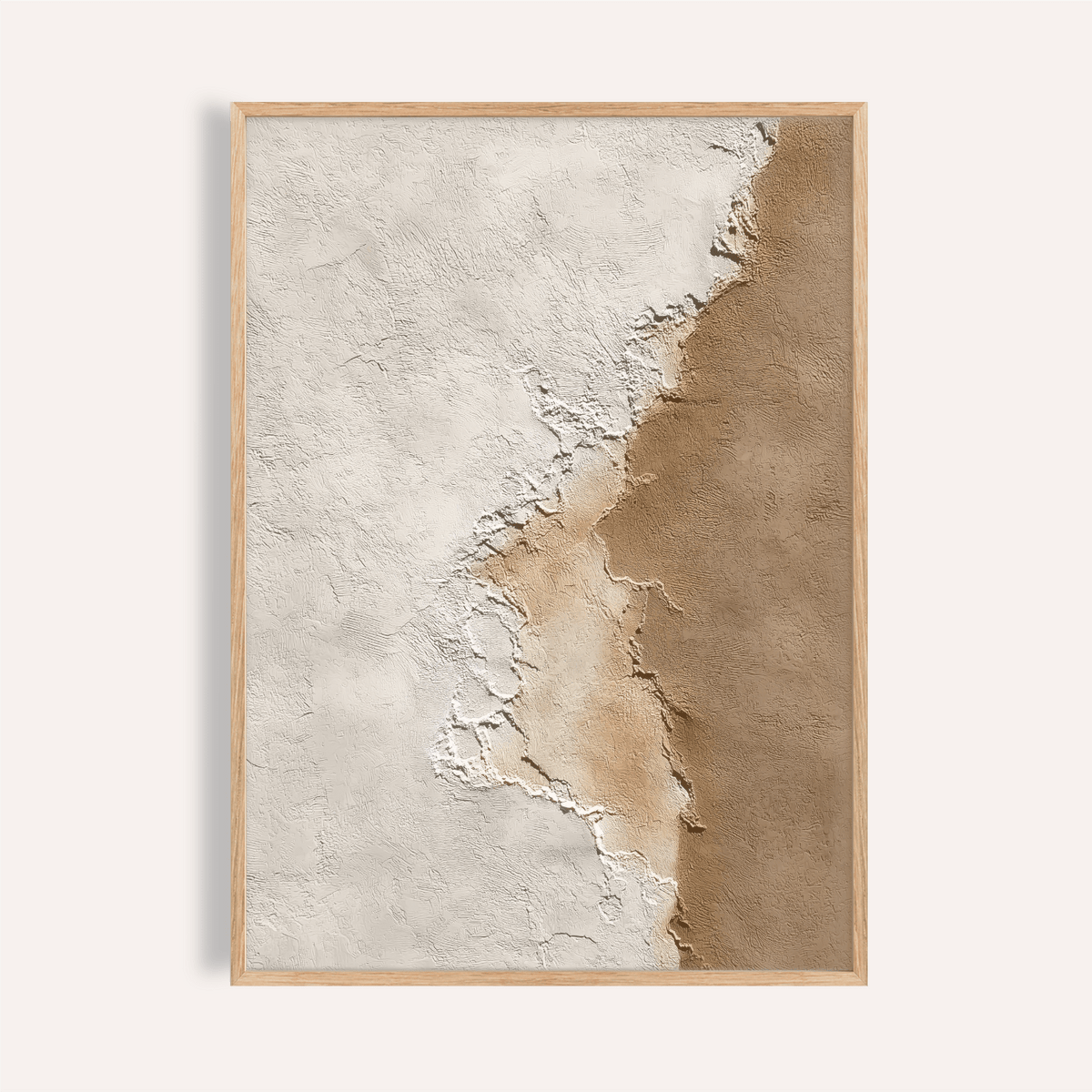 Framed print of textured abstract surface in white and brown shades