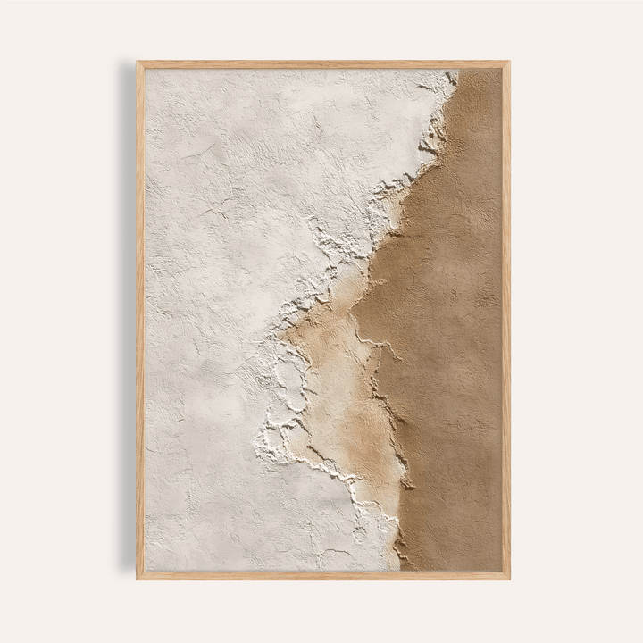 Framed print of textured abstract surface in white and brown shades