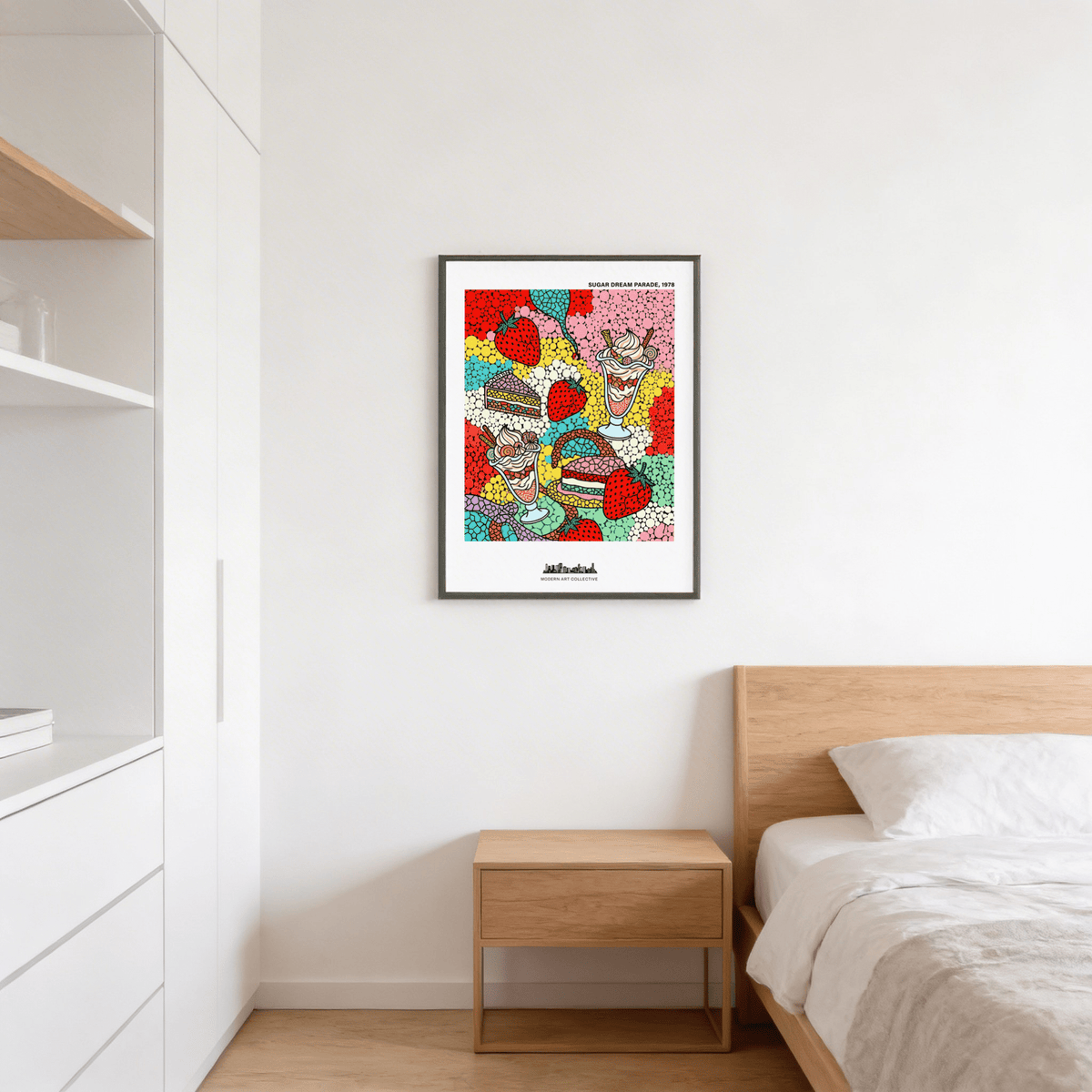 Pop Art Dessert print with ice cream sundaes and strawberries in bright colours above bedside table