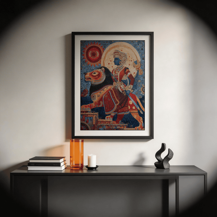 Indian Warrior wall art framed print with a woman riding a lion and a red sun above on a wall above a table with a candle
