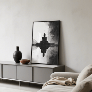 Meditation Art Print leaning on a sideboard with a black vase and bowl in a soft-lit room